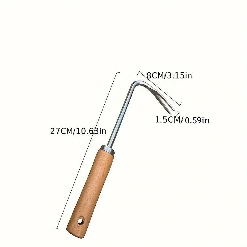 Stainless steel garden weeder with a long handle and a curved blade.