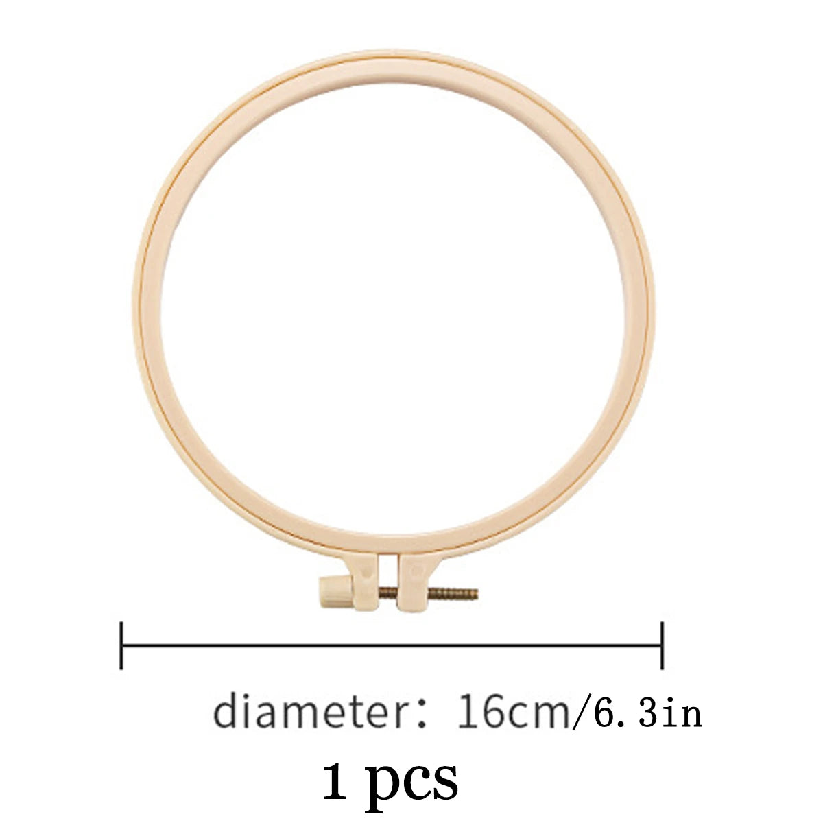 A circular, light beige embroidery hoop with a threaded base for hand embroidery stitches.