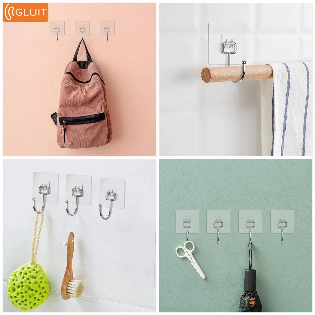 A collection of heavy duty adhesive hooks and a wooden hanger shown against a white background.