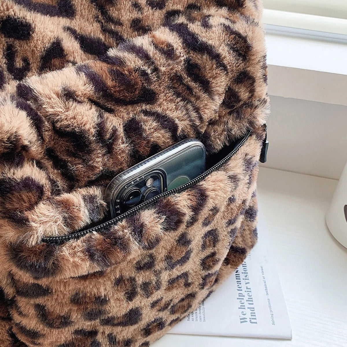 Faux Fur Leopard Print Backpack with Multiple Pockets