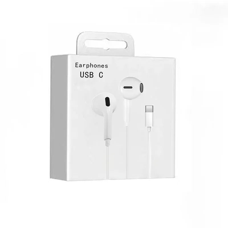 White box packaging for USB-C wired earphones with microphone and hi-fi stereo sound.