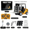 A yellow 1:64 scale remote control forklift truck with accessories including a color box, remote control, battery, hook, and 