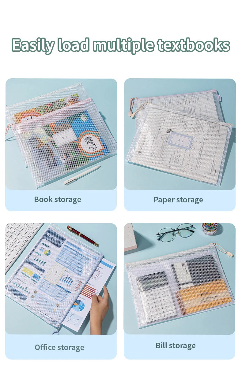Varias bolsas de malla con cremallera transparentes para guardar libros, papeles, documentos de oficina y facturas.