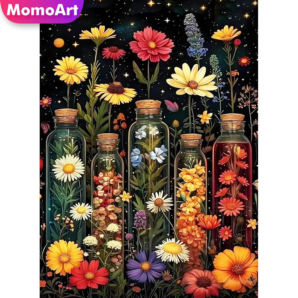 A vibrant floral diamond painting kit featuring various colorful flowers and foliage.