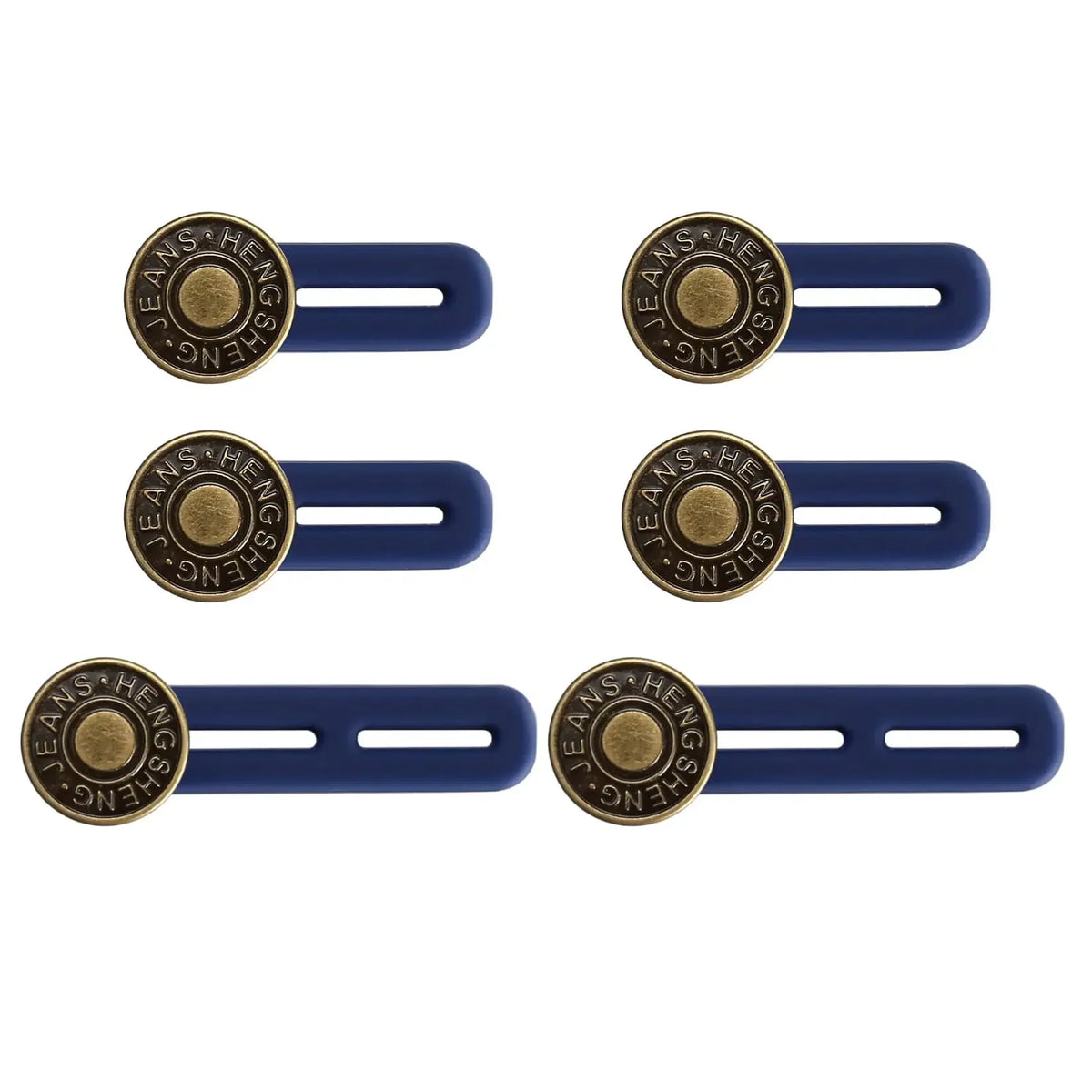 Six pairs of bronze and blue no-sew button waist extenders for jeans