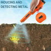 A hand holds an orange handheld metal detector device, demonstrating its use for inducing and detecting metal in the soil.