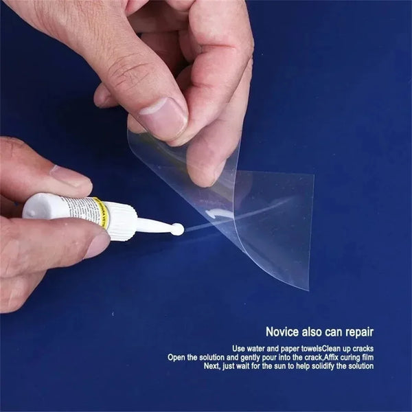 A hand applies a clear film solution to repair chips and cracks on a surface.