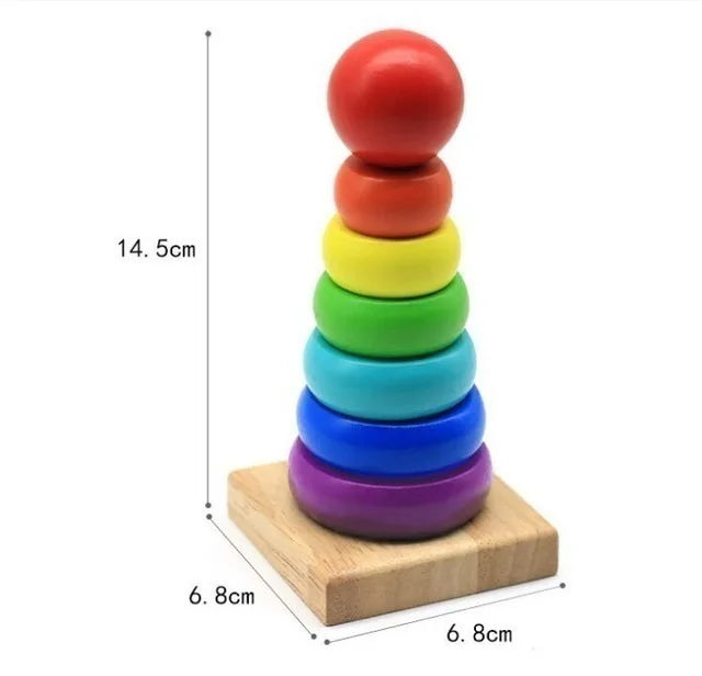 A stack of colorful wooden alphabet number and shape puzzle pieces, stacked vertically on a light wooden board.