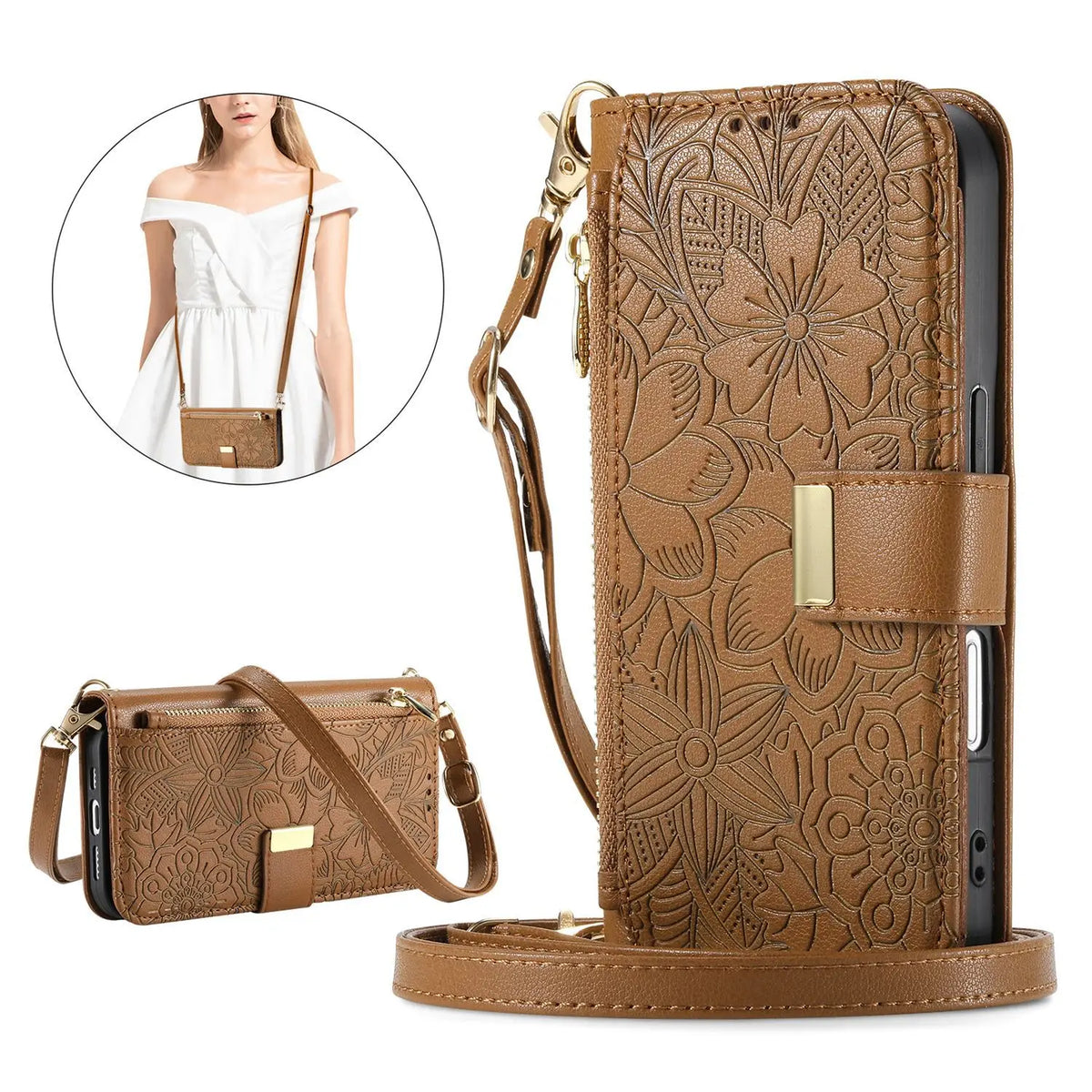 Leather Crossbody Phone Wallet Case with Card Slots & Wrist Strap
