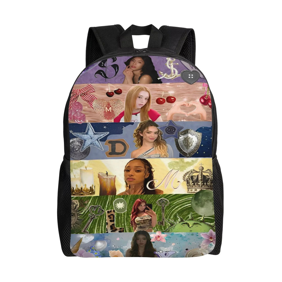 A black canvas daypack backpack featuring various artistic designs and faces on its surface.