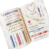 A guide showing various hand embroidery stitches like Herringbone, Coral Knot, Satin Stitch, and Palestinian Stitch.
