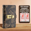 A black leather wallet with a gold lock and a display showing 50 inner pages and 100 sheets of paper.