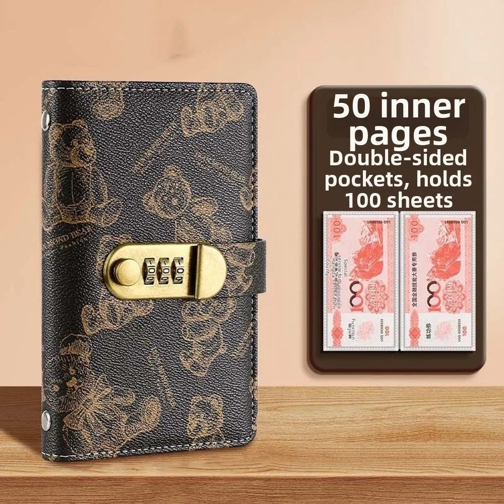 A black leather wallet with a gold lock and a display showing 50 inner pages and 100 sheets of paper.