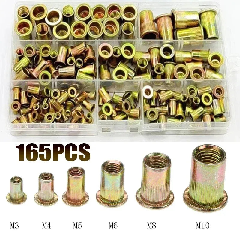 Assortment kit of zinc plated rivet nuts and blind threaded inserts ranging from M3 to M10.