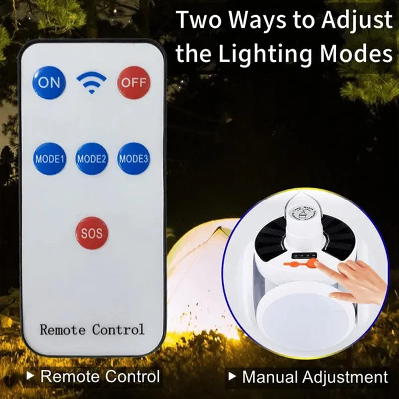 A remote control for a foldable solar camping lantern showing options for on/off and three lighting modes, next to a hand adj