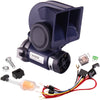 A dark blue air horn kit featuring a megaphone, relay, and wiring harness.