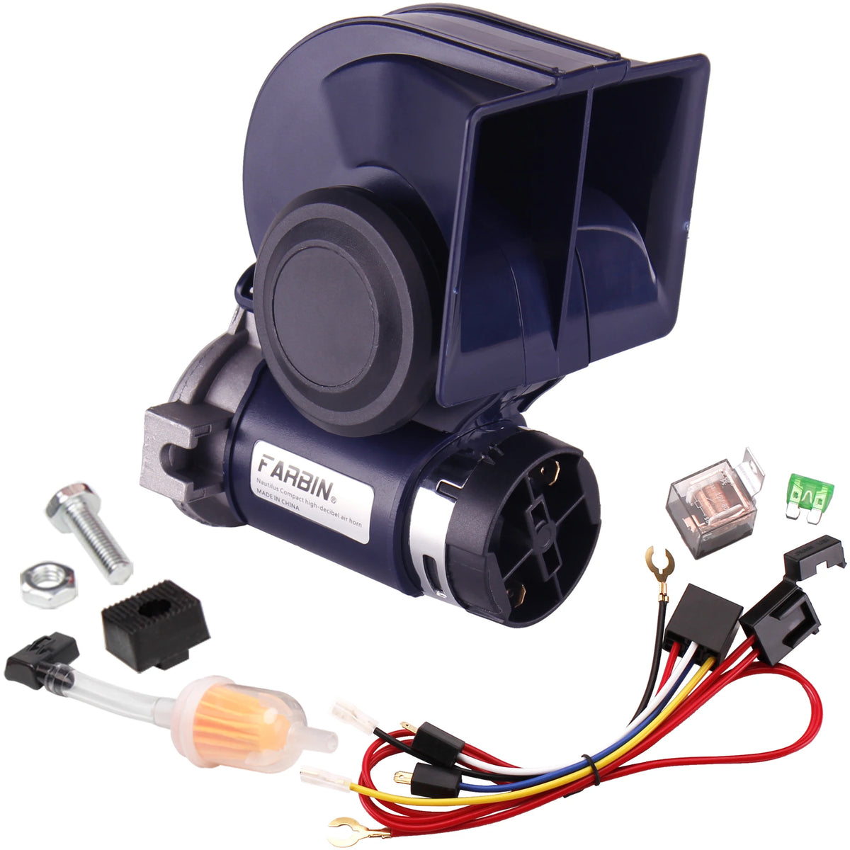 A dark blue air horn kit featuring a megaphone, relay, and wiring harness.