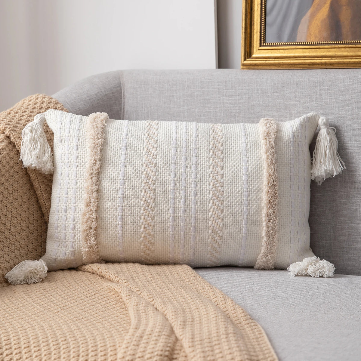 Boho Tufted Throw Pillow Cover with Tassels