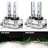 A pair of HID Xenon headlight bulbs with silver bases and glass tubes shown in both low beam and high beam configurations.