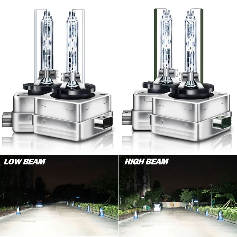 A pair of HID Xenon headlight bulbs with silver bases and glass tubes shown in both low beam and high beam configurations.