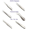 A set of five professional grade stainless steel tweezers with various tip sizes shown individually.