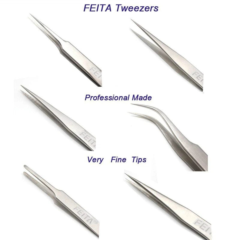 A set of five professional grade stainless steel tweezers with various tip sizes shown individually.