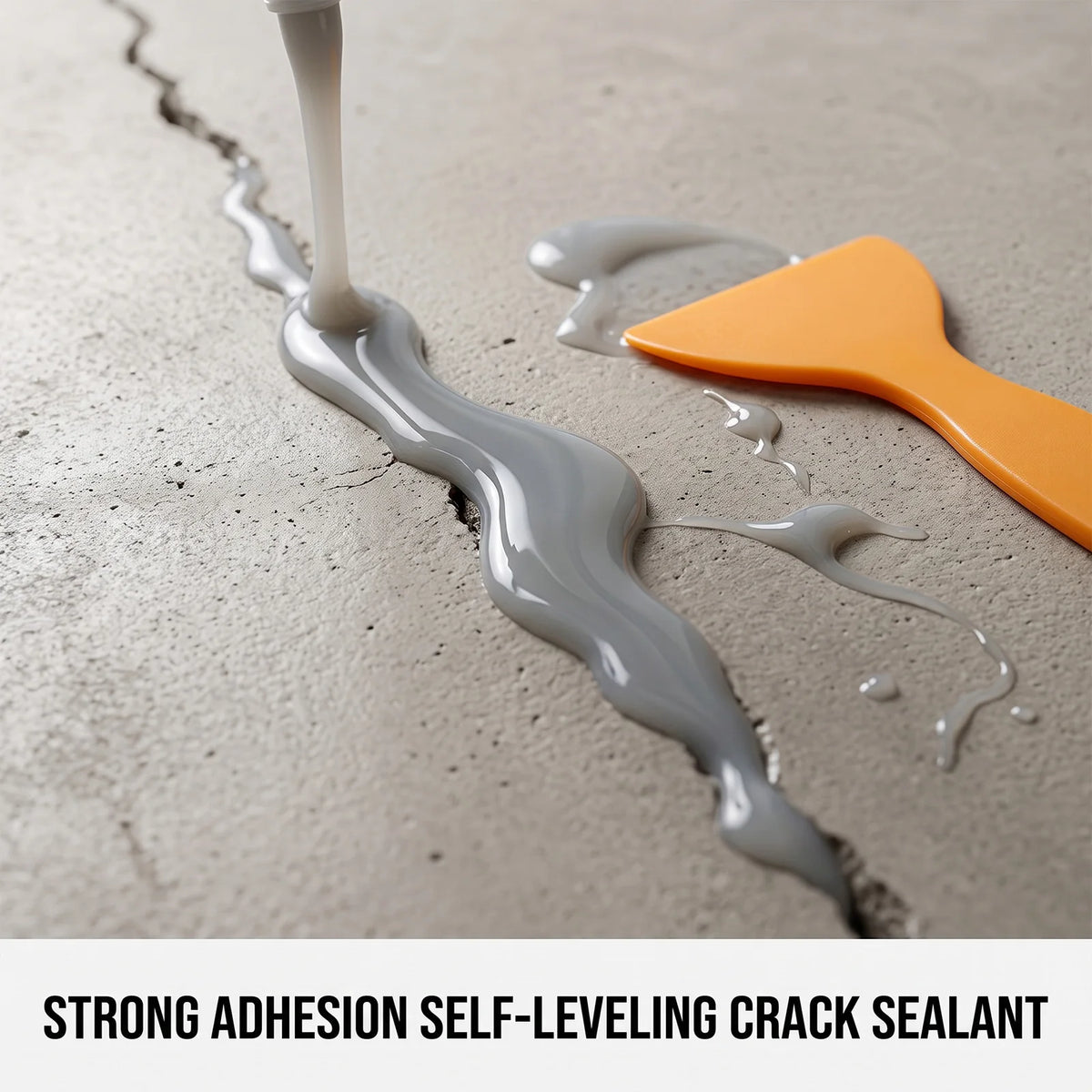 A close-up of a thick, gray self-leveling crack sealant dripping down a concrete surface next to an orange spatula.