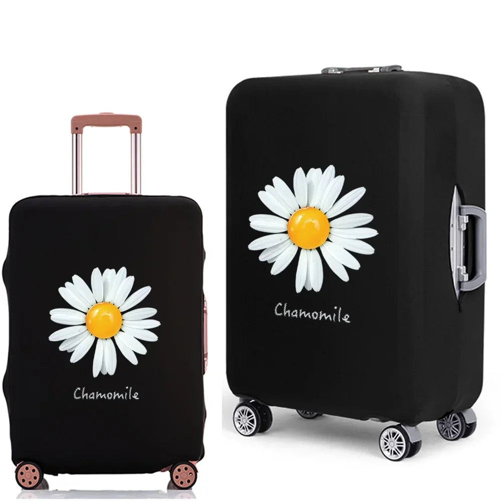 Black elastic suitcase protective cover with a white daisy print and gold accents.