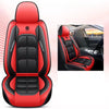 A red and black universal car seat cover for a vehicle interior, shown in a close-up view.