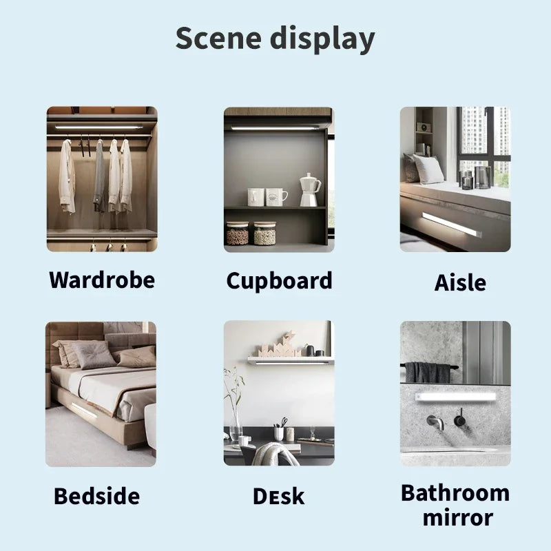 A collection of interior lighting displays including a wardrobe, cupboard, aisle, bedside, desk, and bathroom mirror.