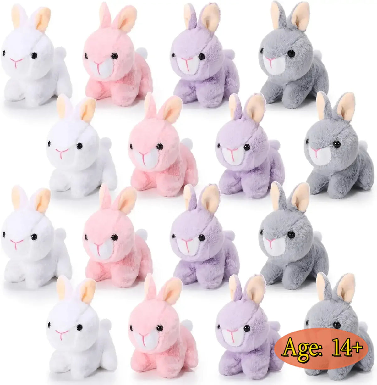 A collection of twelve soft stuffed bunny plush toys in various shades of pink and gray.