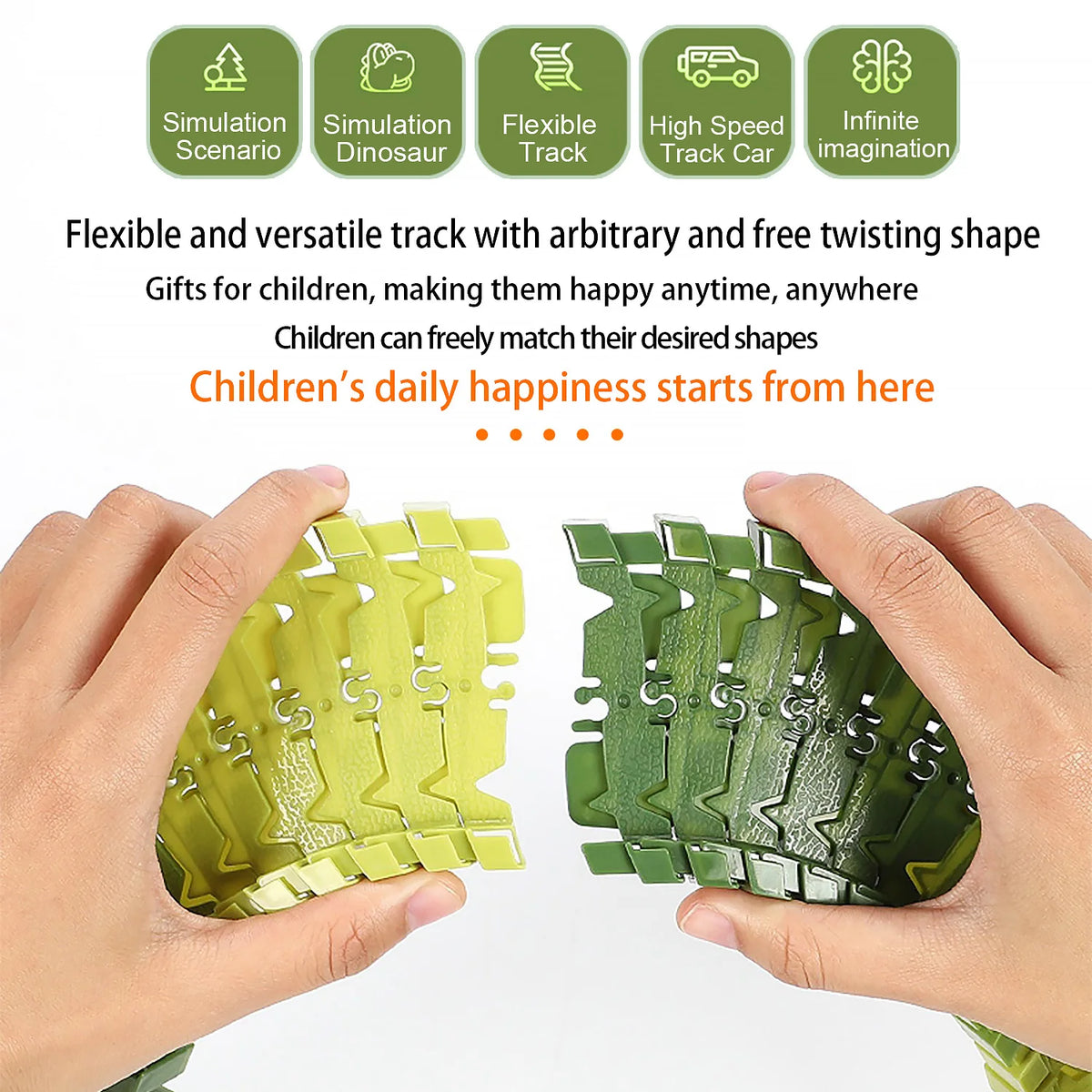 Hands hold a flexible green dinosaur adventure climbing race track toy set showing its twisting shape
