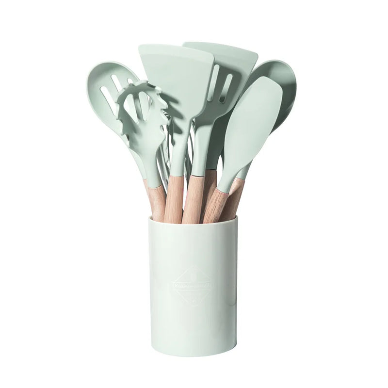 Ensemble de 12 Ustensiles de Cuisine en Silicone avec Manches en Bois
