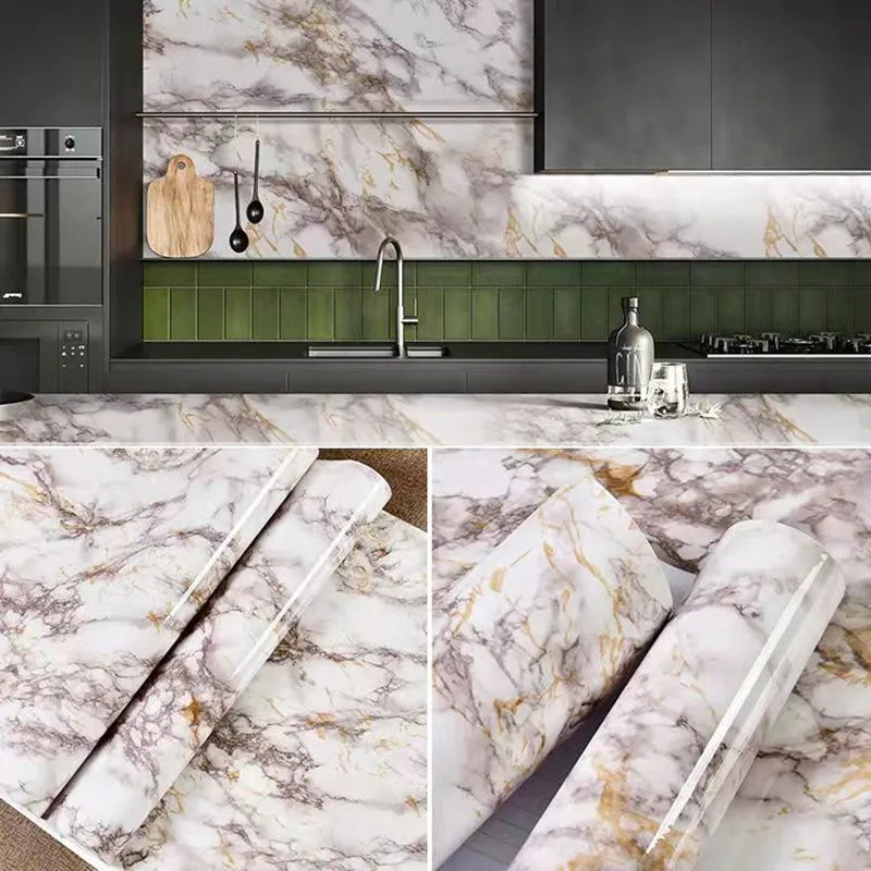 Rolls of marble contact paper featuring white and gold veining for kitchen and furniture decoration