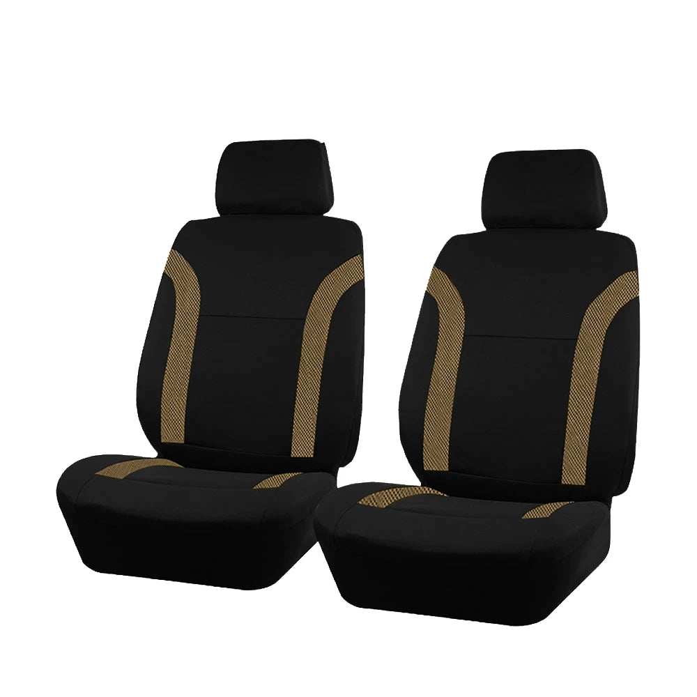 A set of black and gold two-tone car seat covers shown in a side view.