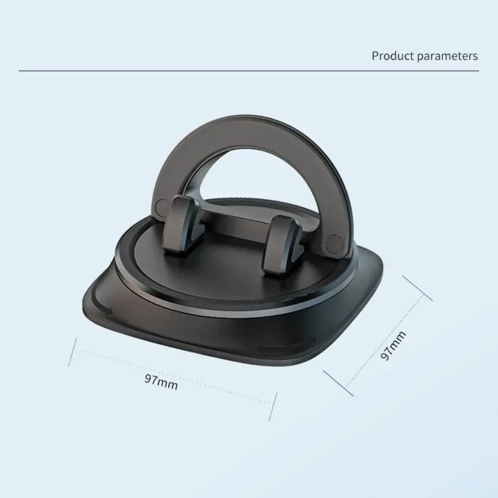 A black universal 360 degree dashboard phone mount with a circular base and a curved handle.