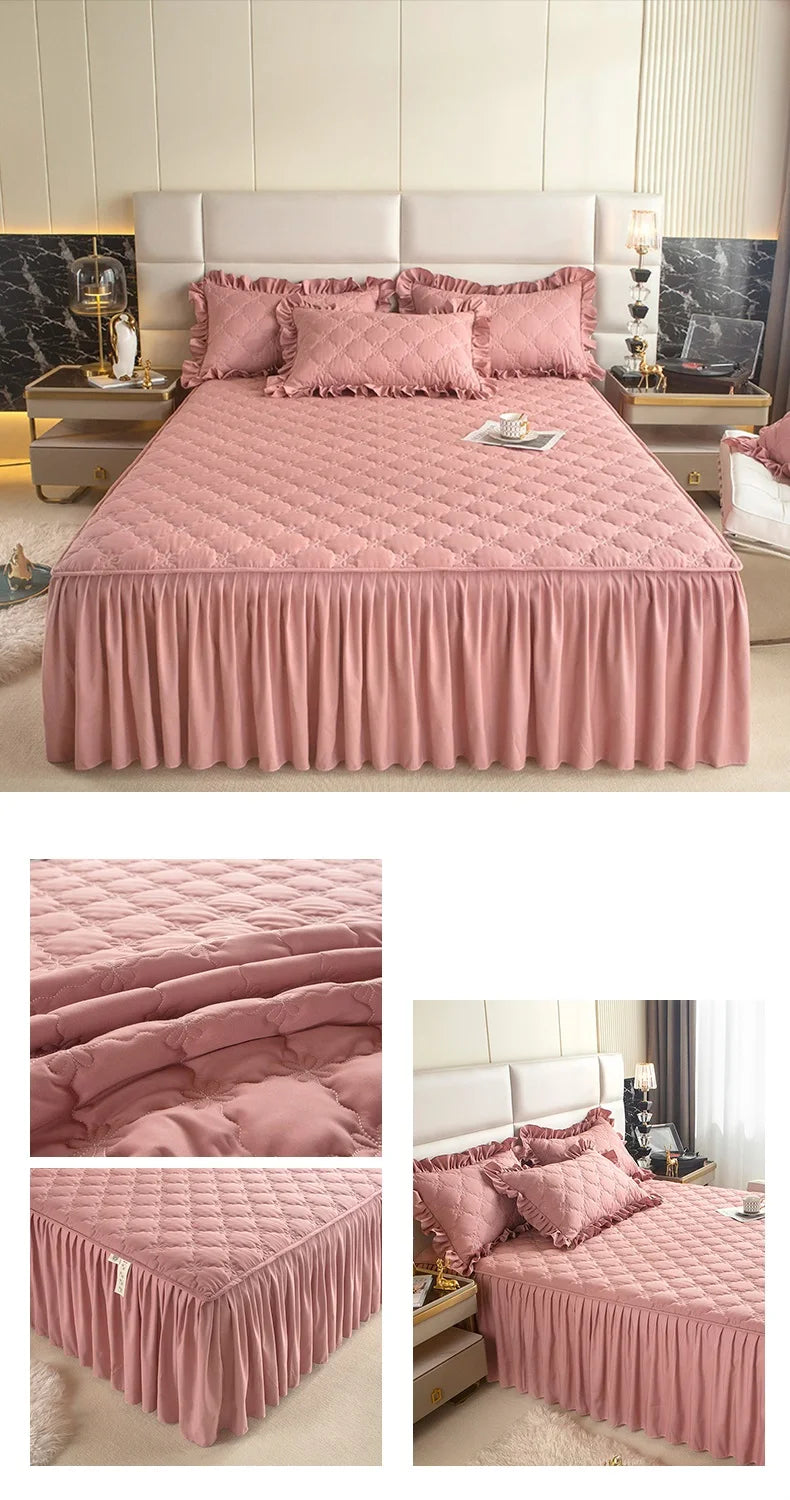Quilted Solid Color Bed Skirt with Pleated Ruffle