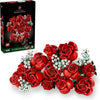 A LEGO set featuring red artificial roses and greenery, packaged as a bouquet of flowers.