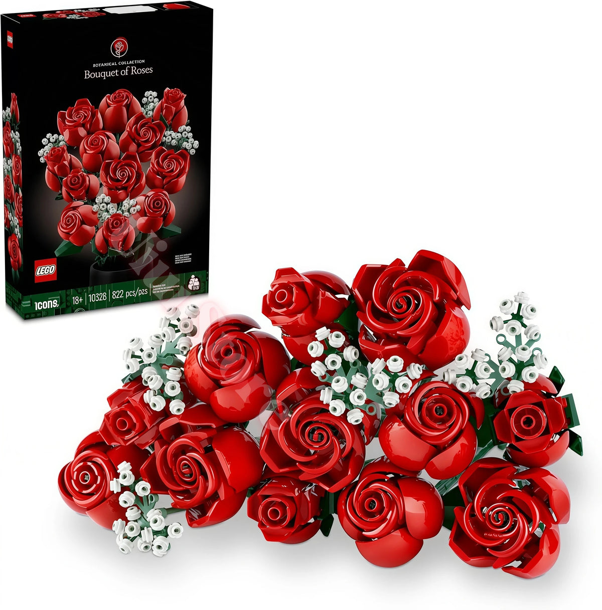 A LEGO set featuring red artificial roses and greenery, packaged as a bouquet of flowers.
