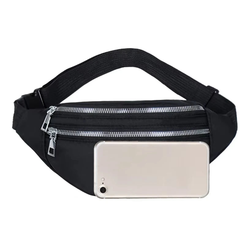 Black nylon waist pack with a zipper and a rectangular phone slot, featuring an adjustable strap.