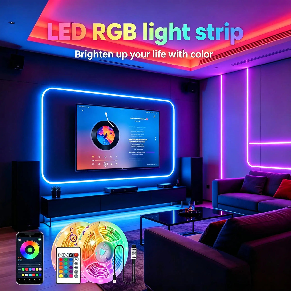 An RGB LED light strip illuminates a modern living room with vibrant colors and a television display.