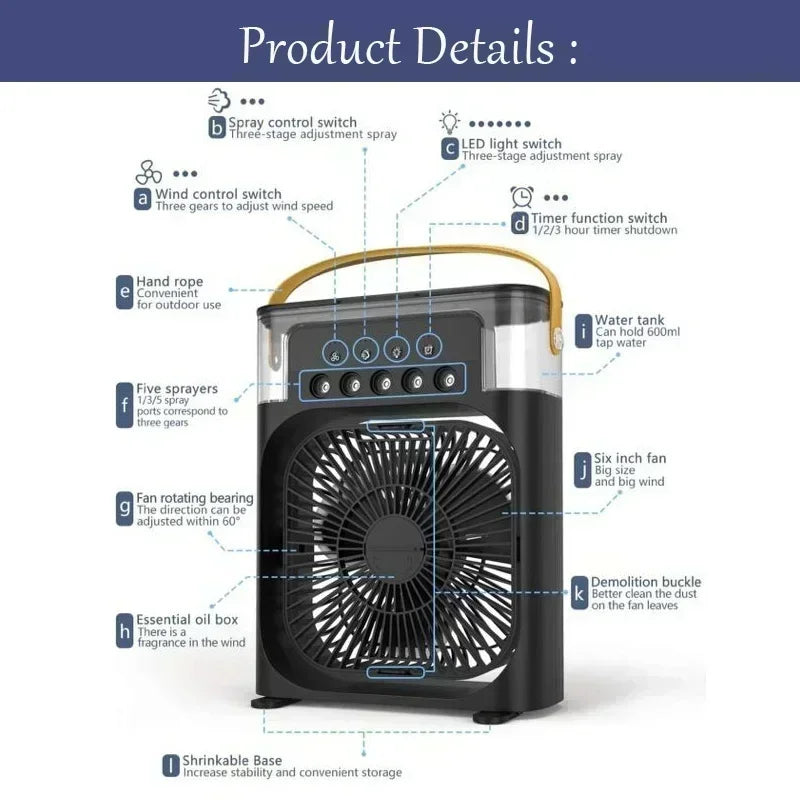 3-in-1 Tragbarer Luftkühler Ventilator mit LED-Nachtlicht