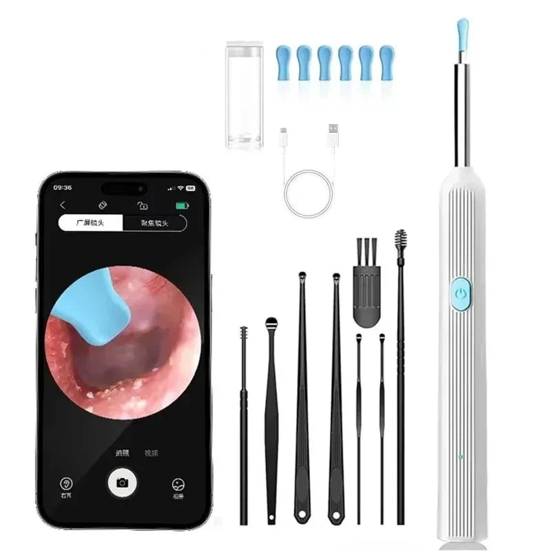 HD Visual Ear Cleaner with camera and LED light featuring a silicone tip, cleaning tools, and a smartphone interface.
