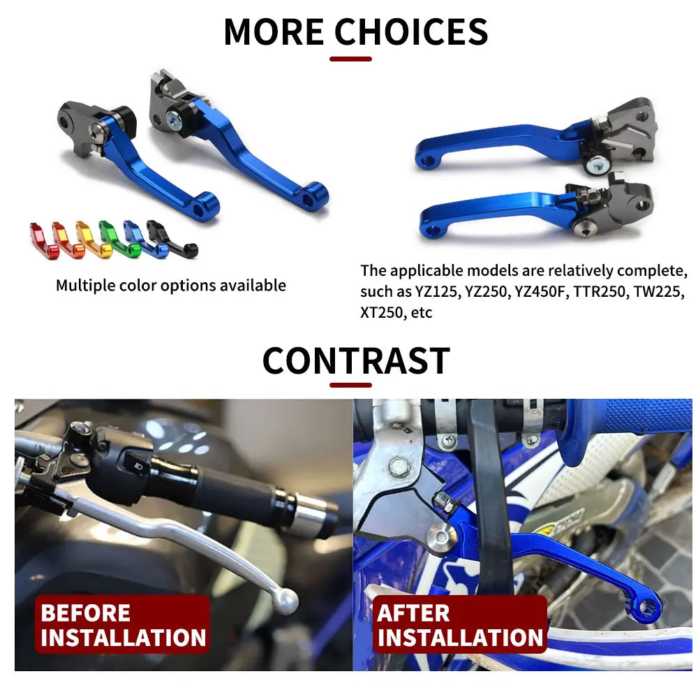 Multiple color options of CNC aluminum brake and clutch levers for Yamaha dirt bikes showing before and after installation co