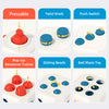 A set of sensory toys including a pressable red knob, a blue twist knob, a pop-up response trainer, sliding beads, and a ball