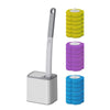 A set of disposable toilet brushes with long handles and wall-mount holders in yellow, purple, and blue.