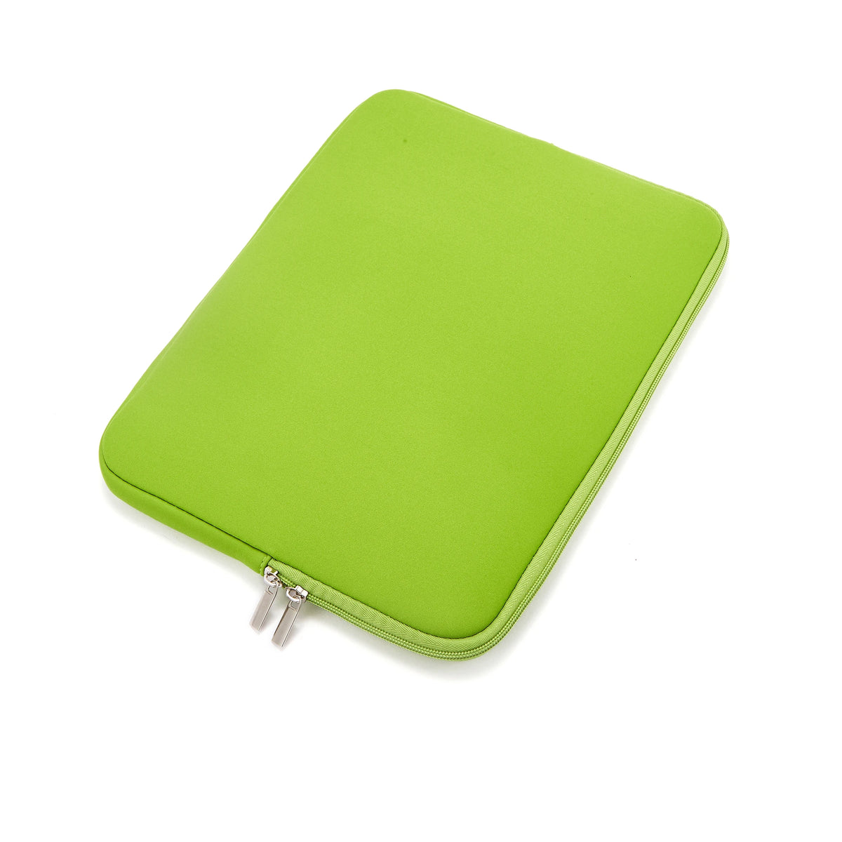 A lime green universal laptop sleeve with a zipper closure.