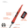 A red soldering iron with an adjustable temperature button, protective tube, and soldering tip, shown next to a digital LCD s