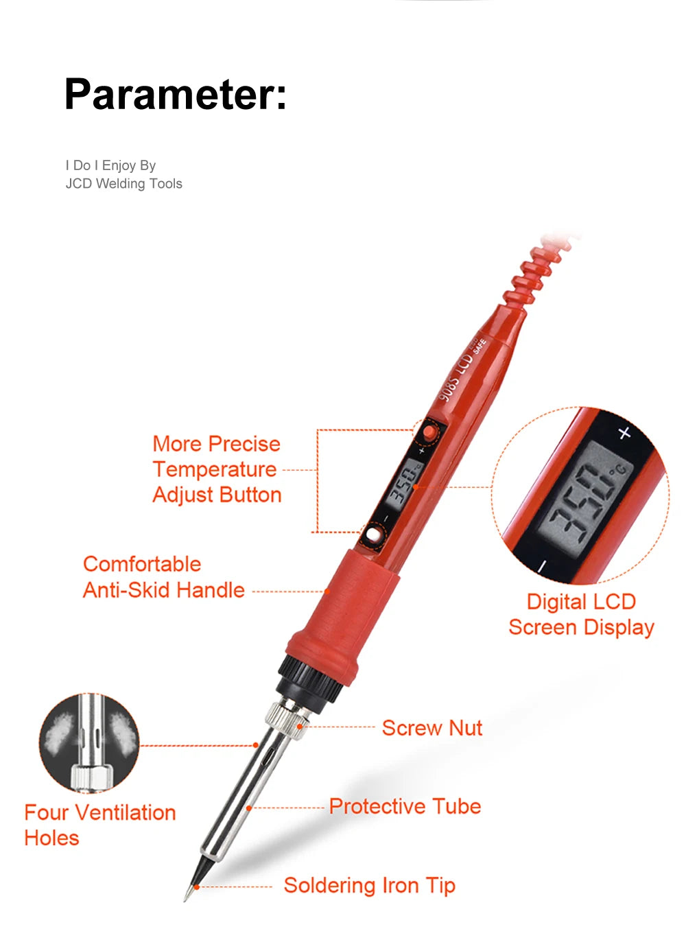 A red soldering iron with an adjustable temperature button, protective tube, and soldering tip, shown next to a digital LCD s