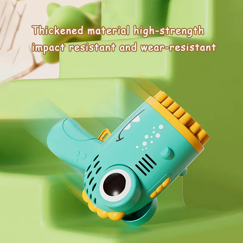 Pistolet à bulles de dinosaure bleu sarcelle dans un contenant en plastique vert.
